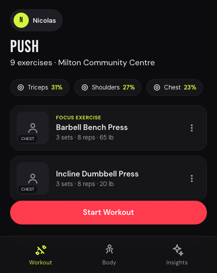 Claude Gym workout screen